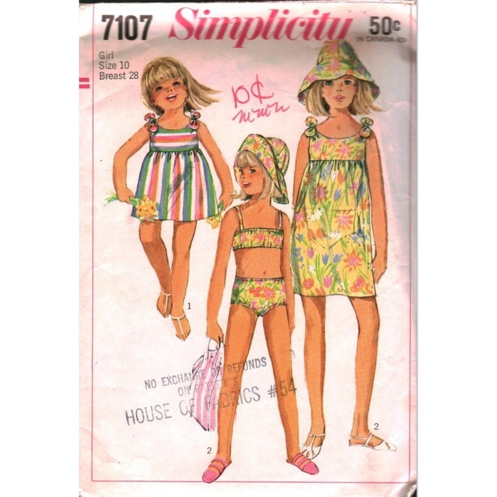 Vintage 1967 Simplicity 7107 Girls Beach Dress Bathing Suit Hat Pattern Size 10